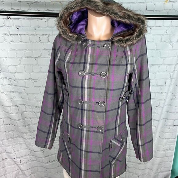 Volcom flannel/plaid double breasted jacket with Faux Fur Hood Medium - Picture 1 of 11